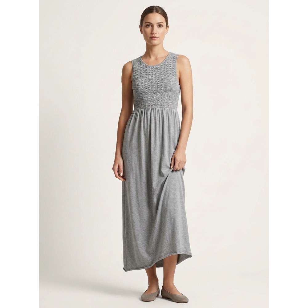 Lark + Grey 1X/2X Maxi Dress Grey Jersey Knit Smocked Bodice Minimalist Comfort